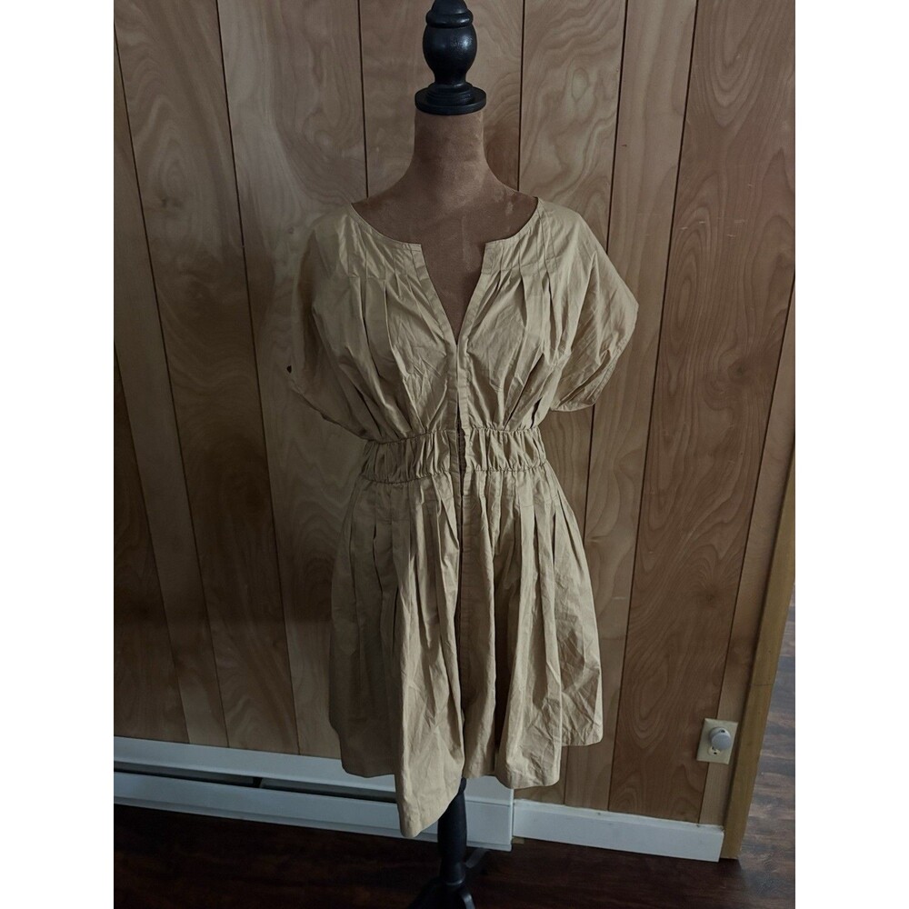 Rebecca Taylor Tan Cotton Pleated Smocked Waist V-Neck Mini Dress Small Khaki